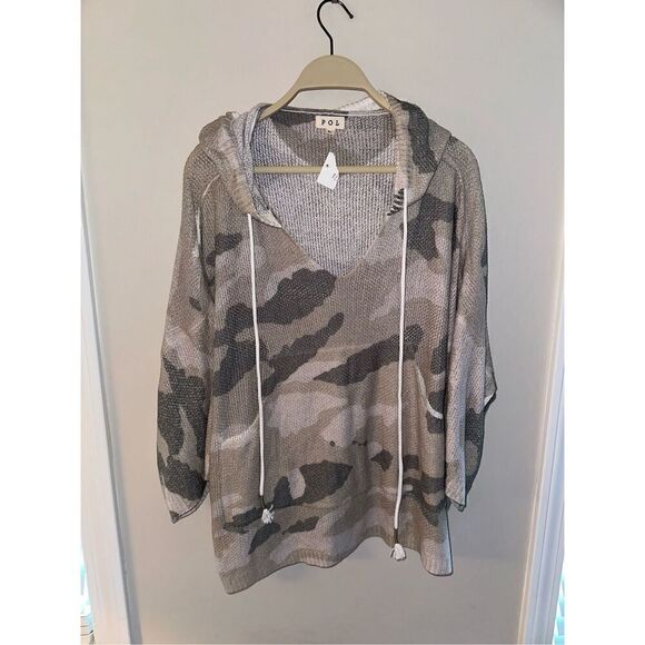 POL Womens Camo Pullover Waffle Knit Hoodie Top Size Large Green V-Neck Short Sl - Picture 1 of 5
